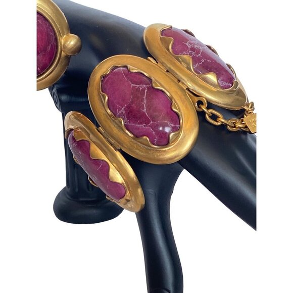 Anne‎ Klein Couture rare vintage 80s magenta marble cabochon earrings & bracelet - Picture 3 of 10